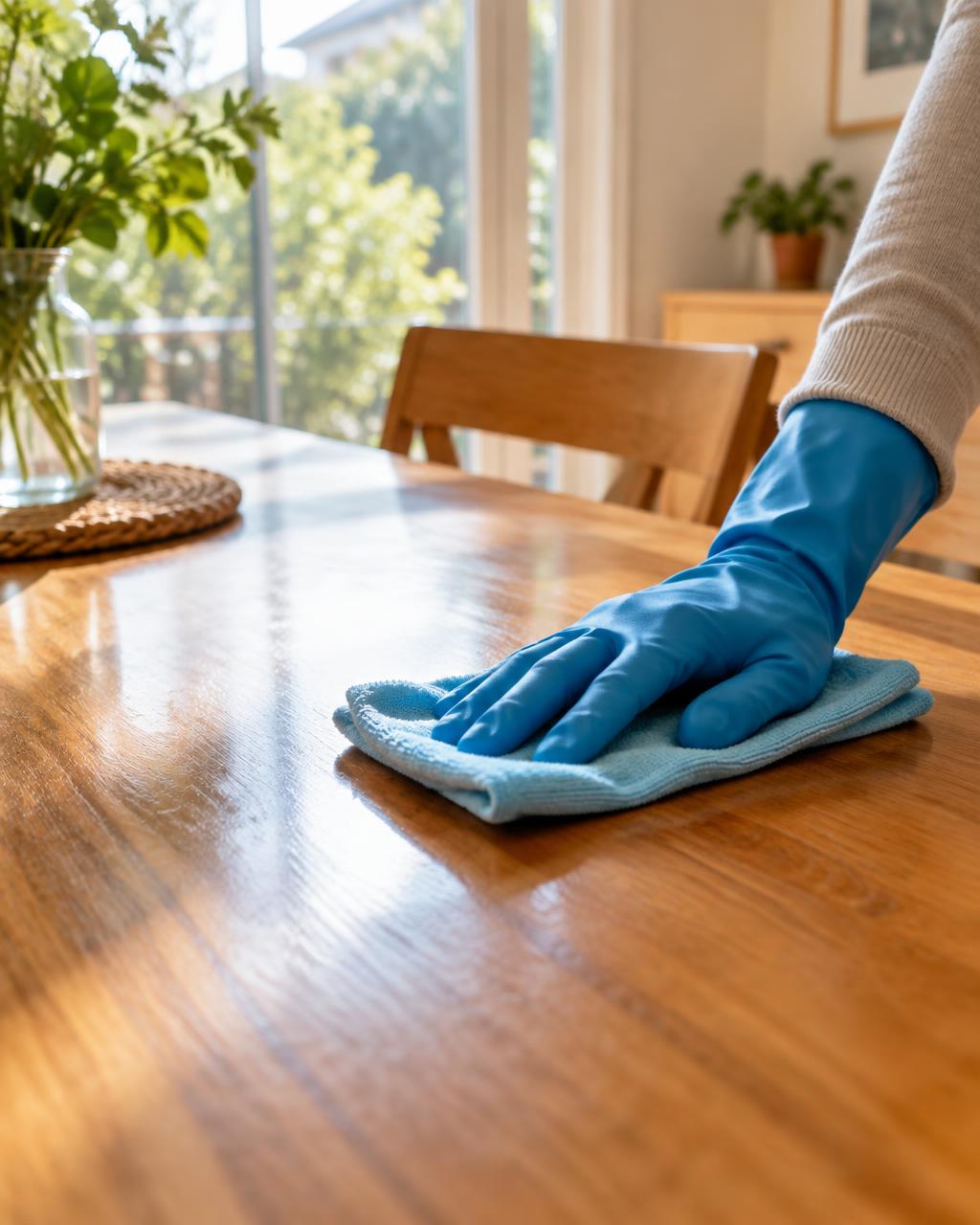 Gloved hand wiping a wooden dining table with a microfiber cloth (illustrative image)