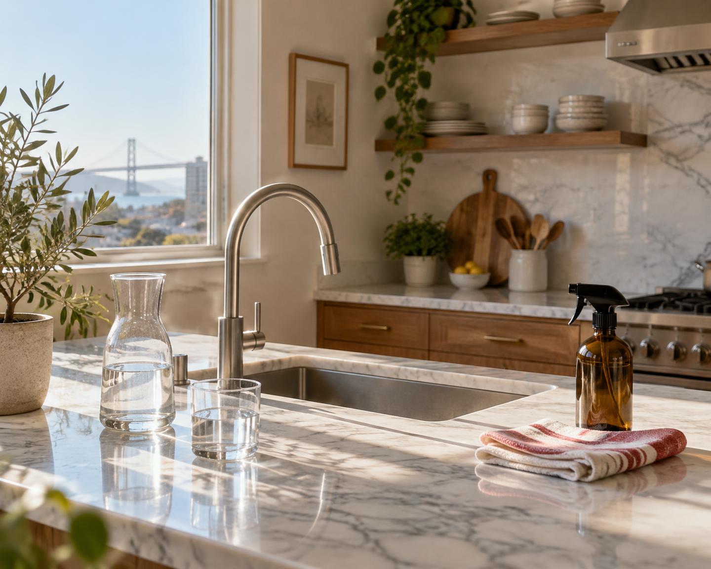 Freshly cleaned marble kitchen counter in a bright San Francisco home, with a folded cloth and spray bottle (illustrative image)