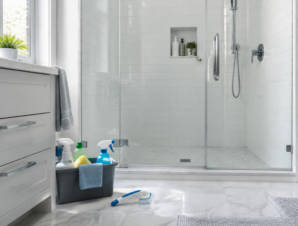 Spotless white-tiled bathroom with cleaning supplies on the floor