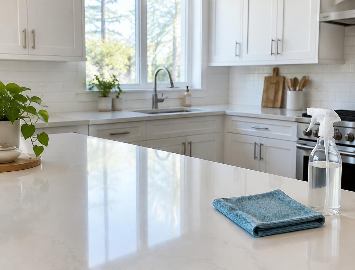 Clean white kitchen with a microfiber cloth and spray bottle on the counter