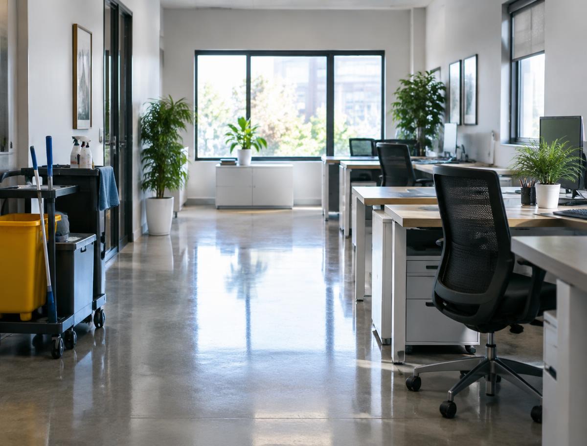 Tidy open-plan office with polished floors and a cleaning cart