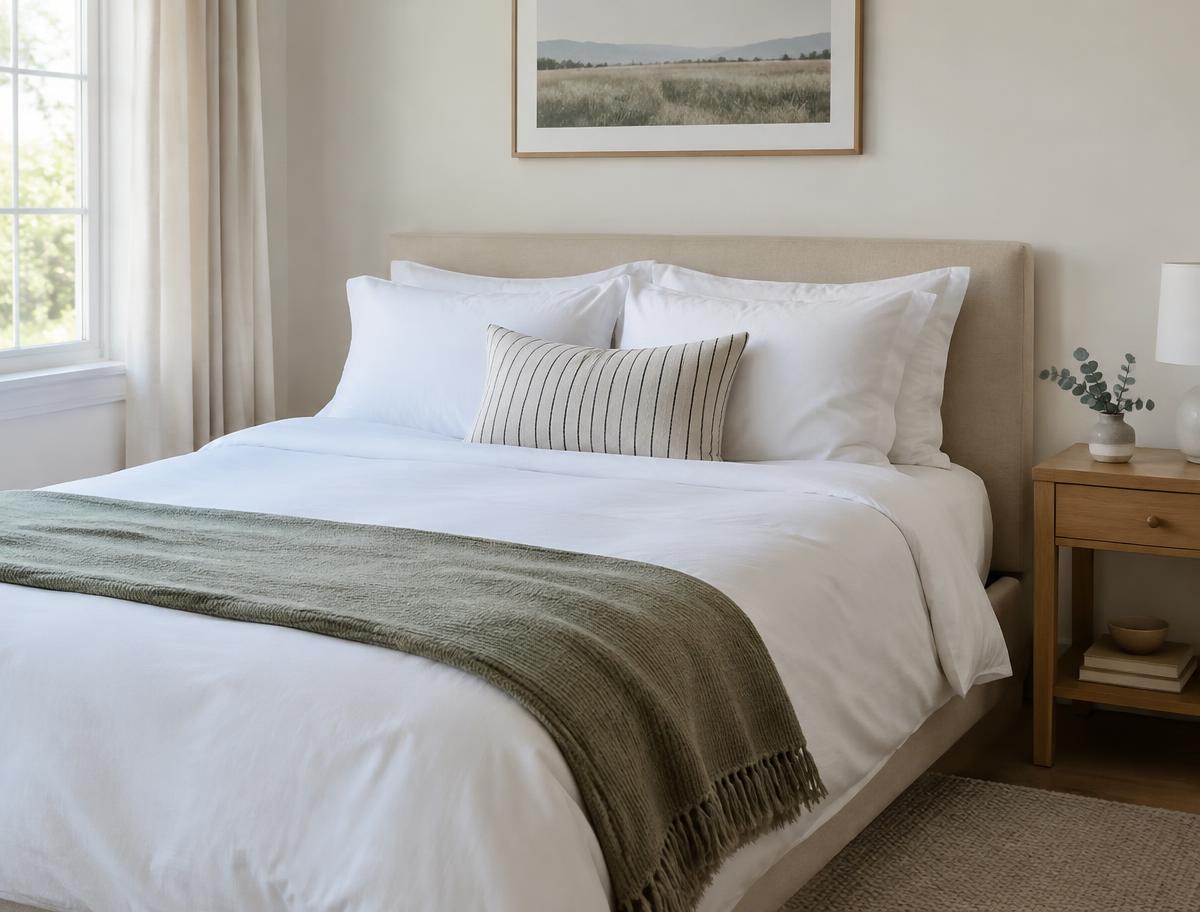 Neatly made bed with white linens in a calm bedroom